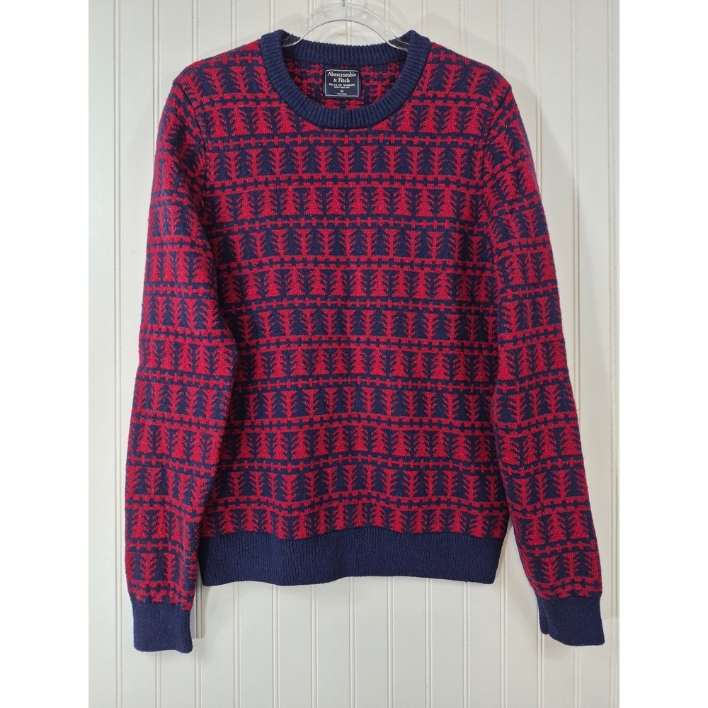 Vintage Abercrombie & Fitch Mens Navy Blue Red Fair Isle Tree Pattern Sweater M - Picture 1 of 9